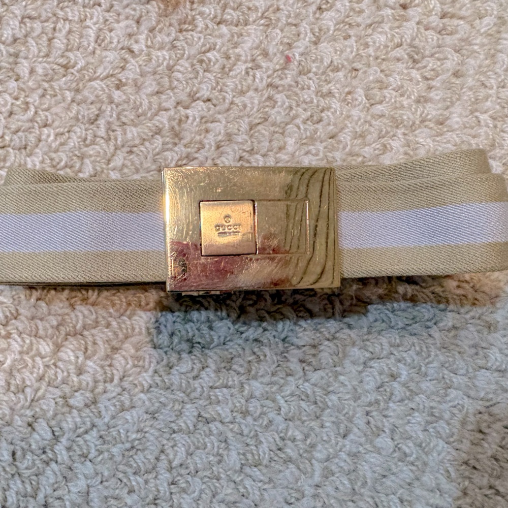 Tan and light blue striped Gucci belt with a gold buckle